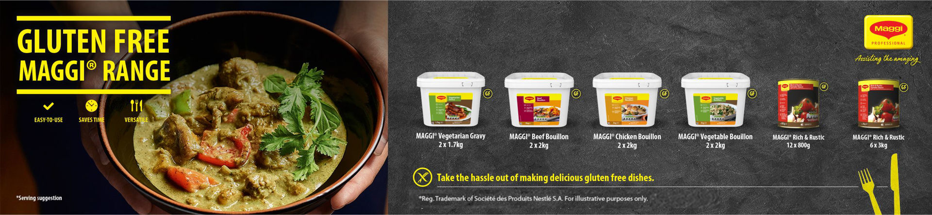 Headline Gluten Free Maggi Range. Selection on Maggi gulten free products on a grey background. Image to the left of someone holding a bowl of curry in their hands.